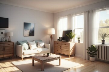 Sunlight streaming through the window of a modern living room, creating a serene and welcoming environment for relaxation