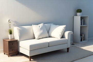 Chic interior arrangement showcasing a pristine white couch, wooden side table, and minimal decor in a well-lit living space