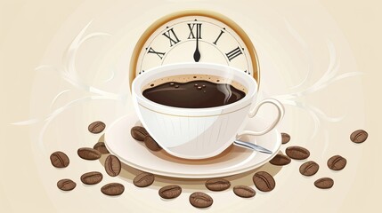 A vector illustration depicting a design theme centered around coffee time, featuring a clock concept.