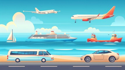 By boat, plane, and car, traveling to and from different places.