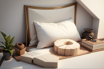 Tranquil reading area with an open book, cozy cushions, and stylish decor illuminated by gentle natural light