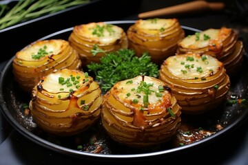 Fototapeta premium Golden baked hasselback potatoes garnished with herbs in a dark pan, ready to serve