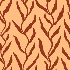 Colorful illustration of underwater world. Vector seamless pattern with hand drawn orange seaweed on yellow background. Beautiful underwater life tile with organic vibrant shapes. Ocean aesthetics.