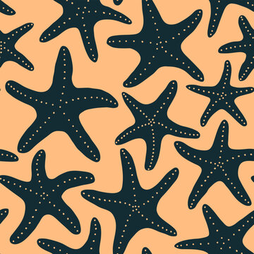 Colorful illustration of underwater world. Vector seamless pattern with hand drawn dark blue starfish on yellow background. Beautiful tile with sea coast life organic vibrant shapes. Ocean aesthetics.