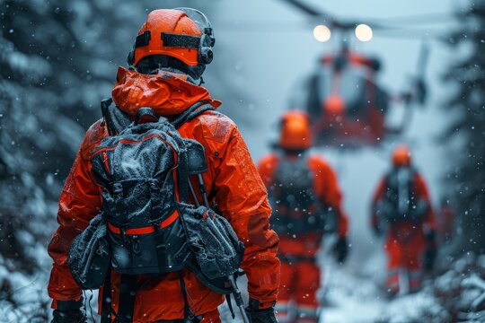 A rescue worker in a red jacket surveys the snowy landscape as a helicopter prepares to land - Powered by Adobe