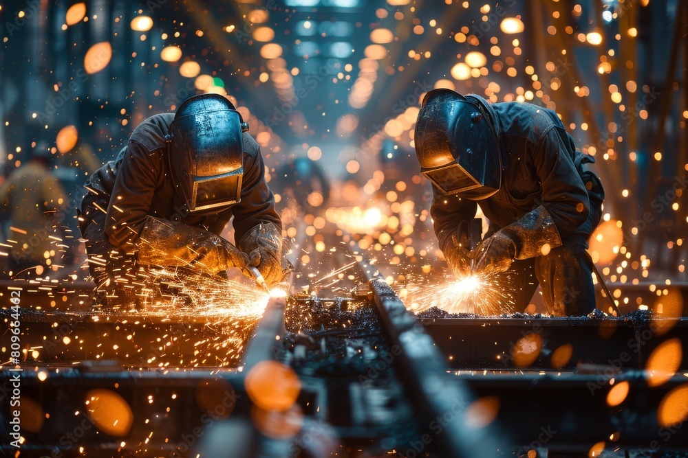 Aufkleber a striking image of a welder working overhead with a cascade of sparks falling down