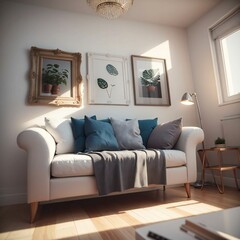Elegant white sofa adorned with blue pillows in a cozy living room, bathed in warm sunlight through large windows