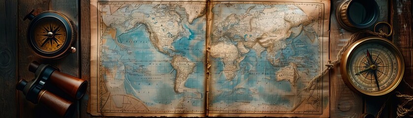 An old world map with a compass and spyglass on a wooden table. The map is open and shows the continents of the world.