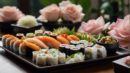 Mother's Day, the table is decorated with elegant sushi dishes and bouquets of fragrant roses. generative AI