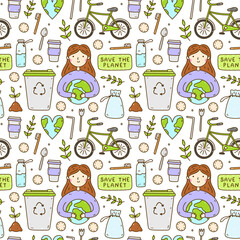 Cute seamless pattern with recycle and reusable products - glass water bottle, cotton pads, steel cutlery. A girl holding the Earth, heart-shaped planet, bike. Zero waste, Go green, Save the planet.