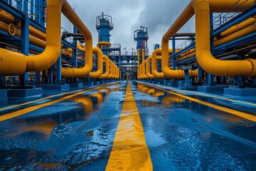 Reflective puddles accentuate the symmetry of parallel yellow pipelines against a moody blue industrial backdrop
