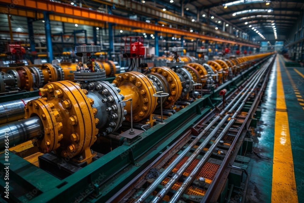 Poster an array of industrial valves and actuators on yellow pipelines presents a complex scene of industri