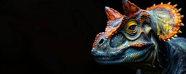 Fototapeta premium Beautiful dinosaur looking at the camera on a black background.