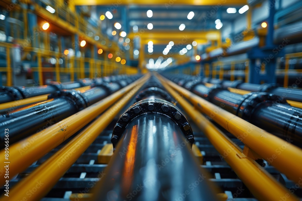 Poster a dense array of black pipelines in an industrial setting presents a maze-like structure, indicating