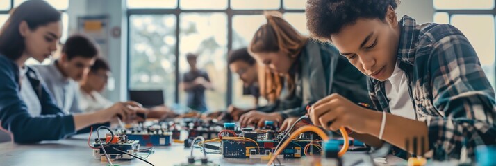 A group of students collaboratively working on electronic components and circuit boards in a technical workshop setting
