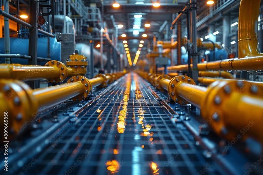 Aufkleber shimmering pipeline infrastructure under the glow of factory lights, creating a futuristic atmospher