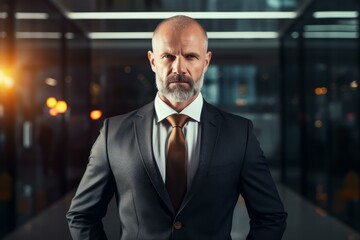 Fototapeta premium Serious-looking businessman with a beard standing confidently in a contemporary office setting at twilight