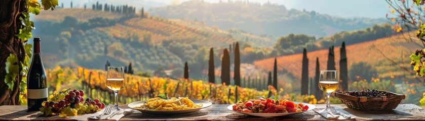Enjoy a delicious Italian meal with wine in the beautiful countryside. The sun is setting over the vineyards, and the air is filled with the scent of rosemary and lavender.