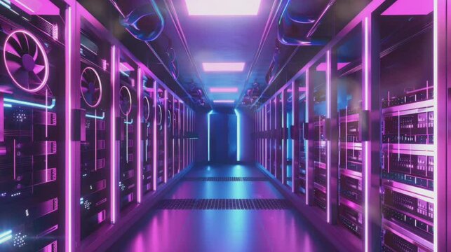 Moving animation of Digital currency mining farm with rows of mining rigs