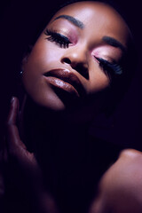 Beauty, face and glamour with black woman in makeup on dark background for cosmetics or elegance....