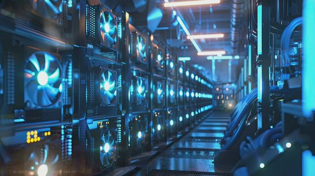 Moving animation of Digital currency mining farm with rows of mining rigs