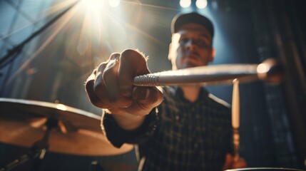 A cool drummer is pointing his drumsticks, drumsticks, drummer, pointing his drumsticks, musical instruments, coolness, Generative Ai.