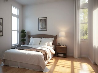 Modern bedroom with warm sunrise light, cozy bed, wooden floors, and minimalistic decor elements