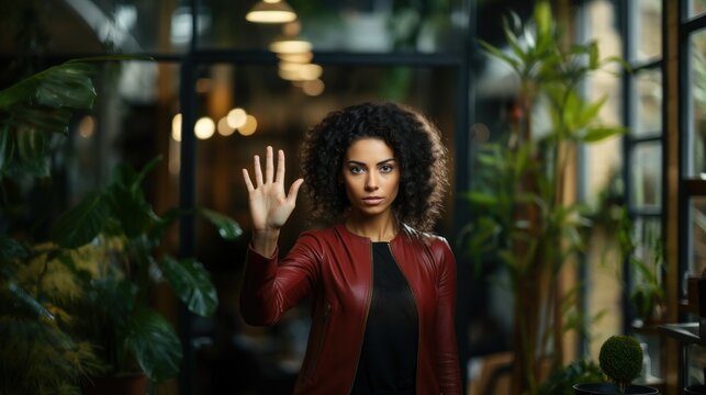 Confident Young Woman in Stylish Leather Jacket Gestures Stop with Her Hand in a Modern Cafe