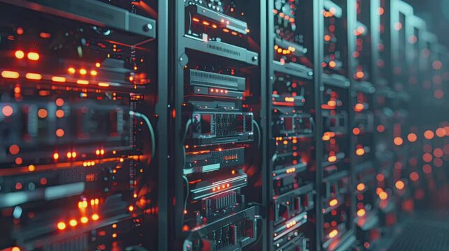 Moving animation of Digital currency mining farm with rows of mining rigs