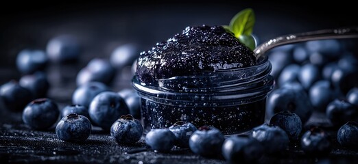 Blueberry jam. Spoon scooping homemade blueberry jam from a glass jar surrounded by fresh...