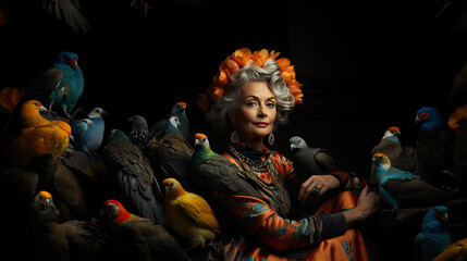 Obraz premium Eccentric Woman with Colorful Doves in Dark Artistic Setting Captures Unique Beauty