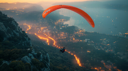 Person paragliding over city at night. Generative AI