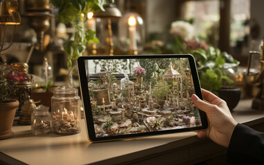 Person holding tablet with garden picture. Generative AI