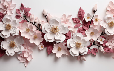 Pink and white paper flowers on white background. Generative AI