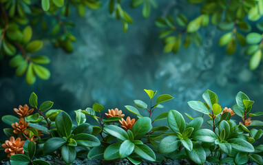 Close-up of a group of lush green plants with leaves. Generative AI