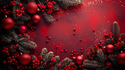 Festive red background with christmas decorations. Generative AI