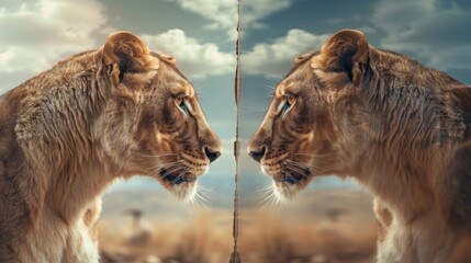 A lion is looking at himself through the mirror.