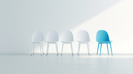 Minimalist waiting room white chairs with single blue chair for uniqueness, Simple representation of special talent or unique selection