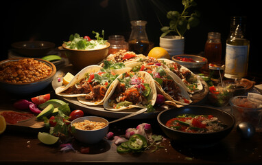 Festive taco bar with various tacos and bowls of food. Generative AI