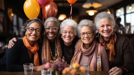 Joyful Gathering of Elderly Multiracial Friends Celebrating With Balloons in a Cozy Restaurant