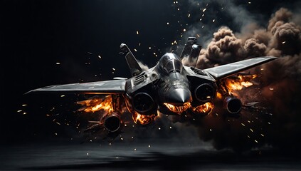 Naklejka premium military jet destroyed by an explosion in the sky