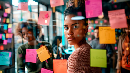 Focused Woman Analyzing Colorful Sticky Notes in Creative Workspace