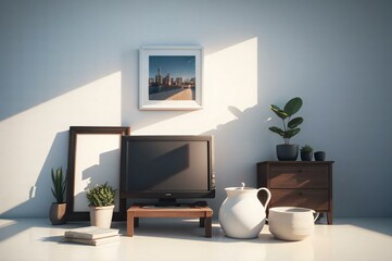 Obraz premium Modern living room with a flat screen tv, framed city skyline, potted plants, and simple furniture illuminated by natural light