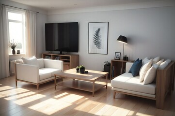 Relaxing, modern living room with sunlit comfortable furniture and chic decor, forming a serene and inviting atmosphere