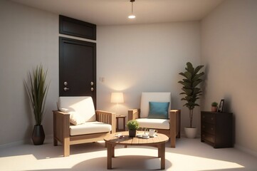 Inviting modern home atmosphere with comfortable furniture, warm lighting, and decorative plants in a stylish living room