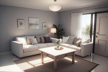 Sunlit, cozy living room featuring a white sofa, coffee table, lush houseplant, and minimalistic decor, conveying a tranquil, modern home atmosphere