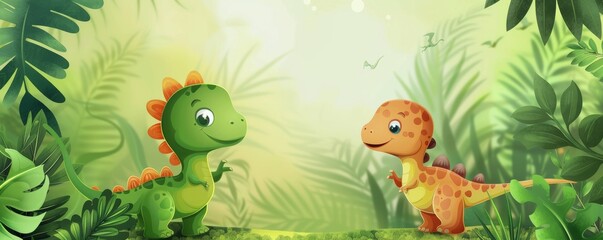 Children's color illustration of cute dinosaurs on a green background.