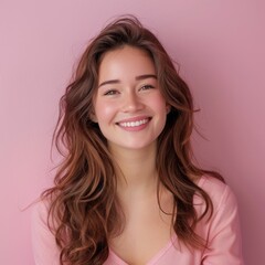 Fototapeta premium A beautiful young woman who is happy and smiling on a pink background.