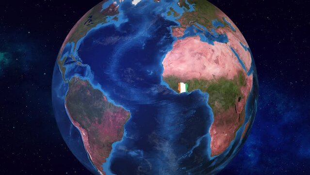Ivory Coast: 4K Zoom on Earth featuring Country Flag in 3D Animation, Showcasing Abidjan's Skyline
