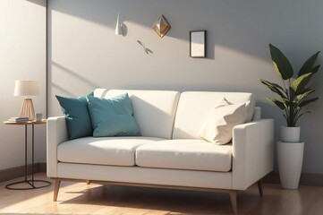 Stylish white couch with blue pillows, indoor plant, and natural lighting in an elegant minimalist living room